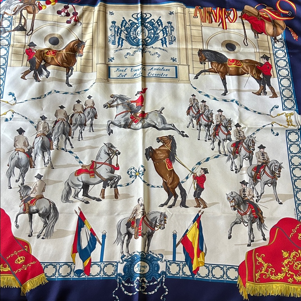 Hermes Navy and Yellow Silk Scarf